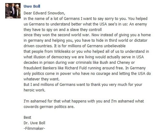 Déclaration du réalisateur Allemand Uwe Boll à Edward Snowden