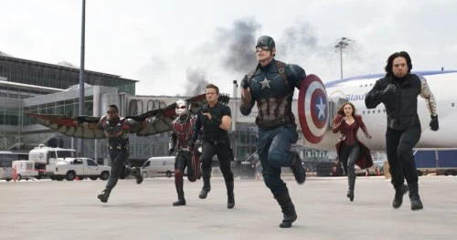 Marvel's Captain America: Civil War L to R: Falcon/Sam Wilson (Anthony Mackie), Ant-Man/Scott Lang (Paul Rudd), Hawkeye/Clint Barton (Jeremy Renner), Captain America/Steve Rogers (Chris Evans), Scarlet Witch/Wanda Maximoff (Elizabeth Olsen), and Winter Soldier/Bucky Barnes (Sebastian Stan) Photo Credit: Film Frame © Marvel 2016