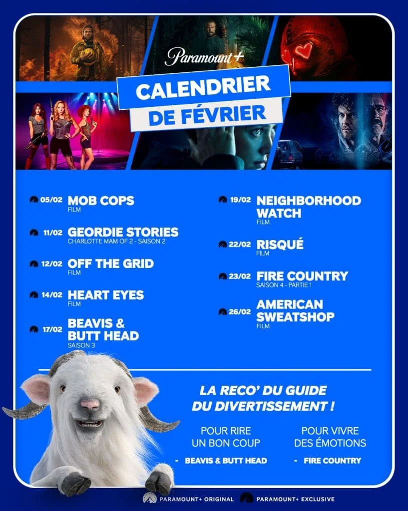 Les sorties Paramount+ de février 2026 dévoilées dont Heart Eyes, Fire Country saison 4, Beavis & Butt Head 3 Les sorties Paramount+ de février 2026 dévoilées dont Heart Eyes, Fire Country saison 4, Beavis & Butt Head