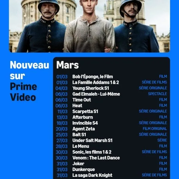 Sorties Prime Video mars 2026 : Young Sherlock, Scarpetta, Invincible et toutes les nouveautés 9 Sorties Prime Video mars 2026 : Young Sherlock, Scarpetta, Invincible et toutes les nouveautés