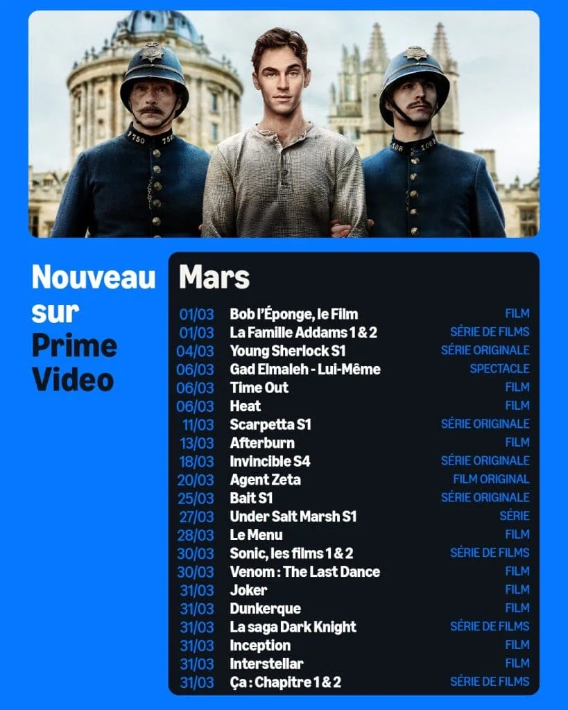 Sorties Prime Video mars 2026 : Young Sherlock, Scarpetta, Invincible et toutes les nouveautés 3 Sorties Prime Video mars 2026 : Young Sherlock, Scarpetta, Invincible et toutes les nouveautés