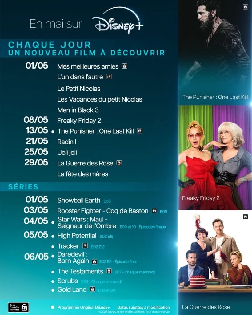 Sorties Disney+ mai 2026 : Daredevil, Star Wars Maul, La Guerre des Rose et plus 3 Sorties Disney+ mai 2026 : Daredevil, Star Wars Maul, La Guerre des Rose et plus